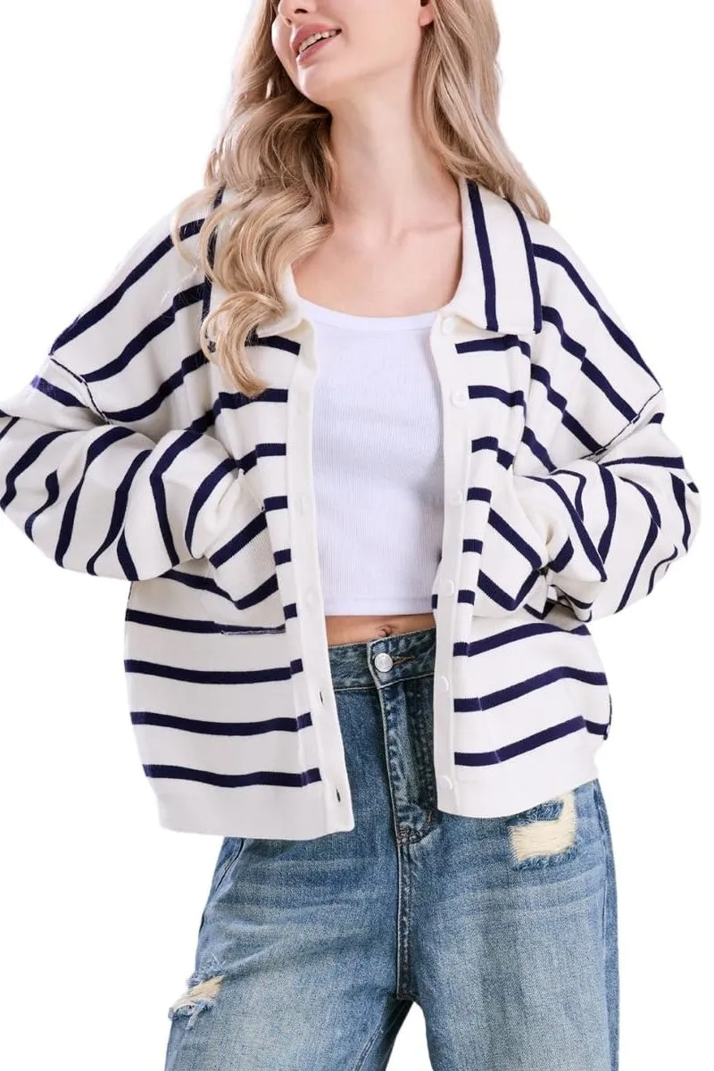 Chouyatou Women's Button Down Striped Cardigan Sweater Polo Collar Open Front Knit Jacket 2024 Fall Outfits