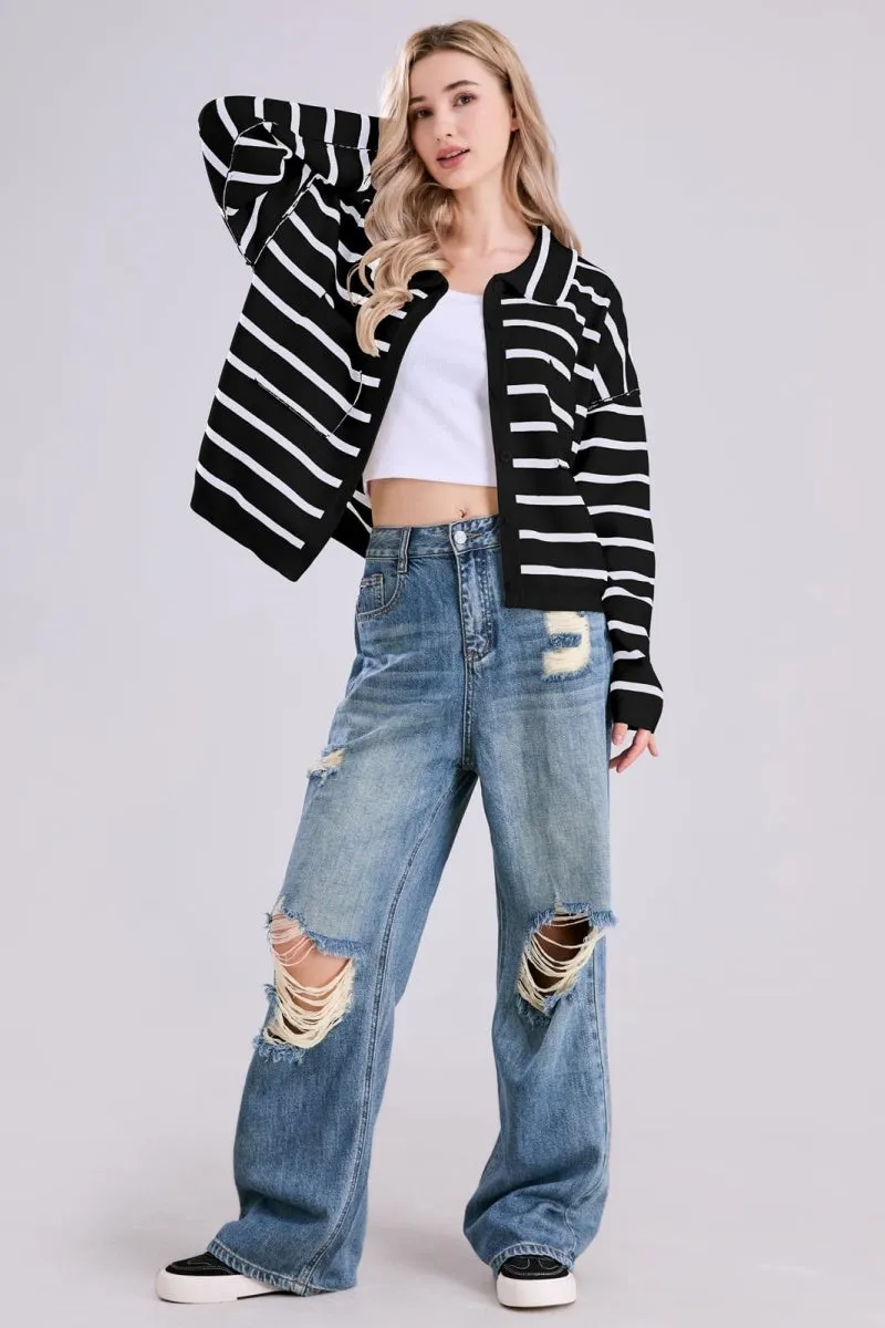 Chouyatou Women's Button Down Striped Cardigan Sweater Polo Collar Open Front Knit Jacket 2024 Fall Outfits