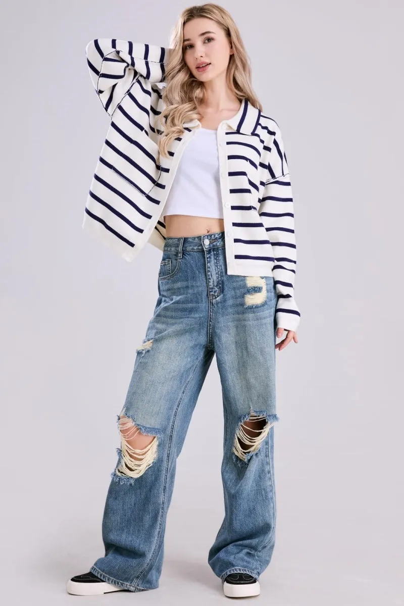 Chouyatou Women's Button Down Striped Cardigan Sweater Polo Collar Open Front Knit Jacket 2024 Fall Outfits
