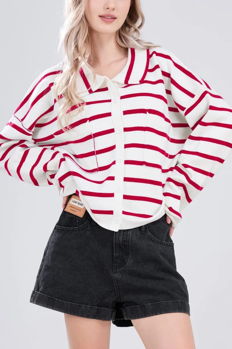 Chouyatou Women's Button Down Striped Cardigan Sweater Polo Collar Open Front Knit Jacket 2024 Fall Outfits
