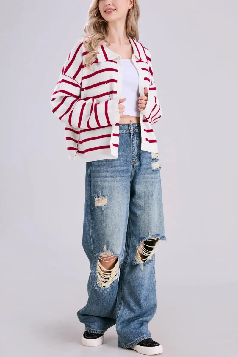Chouyatou Women's Button Down Striped Cardigan Sweater Polo Collar Open Front Knit Jacket 2024 Fall Outfits