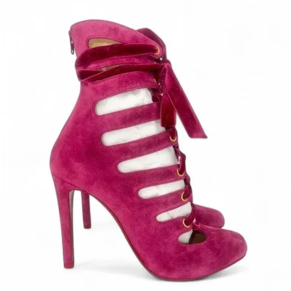 CHRISTIAN LOUBOUTIN Spinetita Loulou Pink Lace-Up Booties Size EU36.5