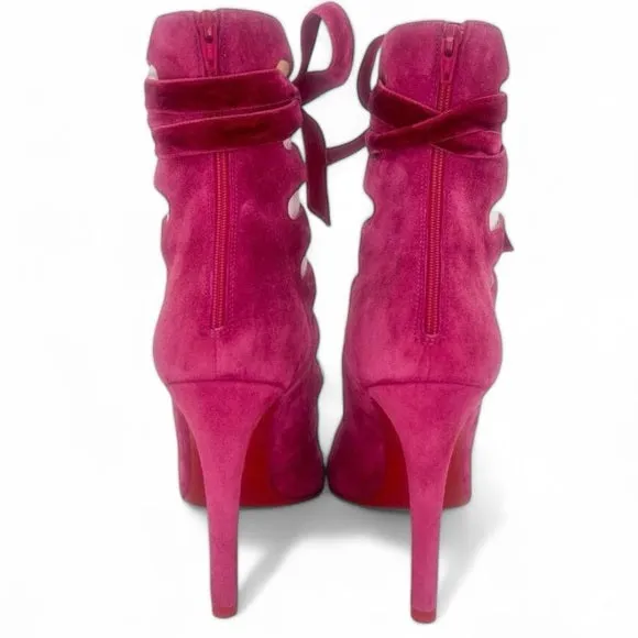 CHRISTIAN LOUBOUTIN Spinetita Loulou Pink Lace-Up Booties Size EU36.5