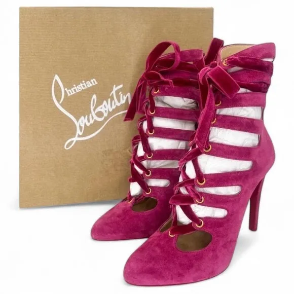 CHRISTIAN LOUBOUTIN Spinetita Loulou Pink Lace-Up Booties Size EU36.5