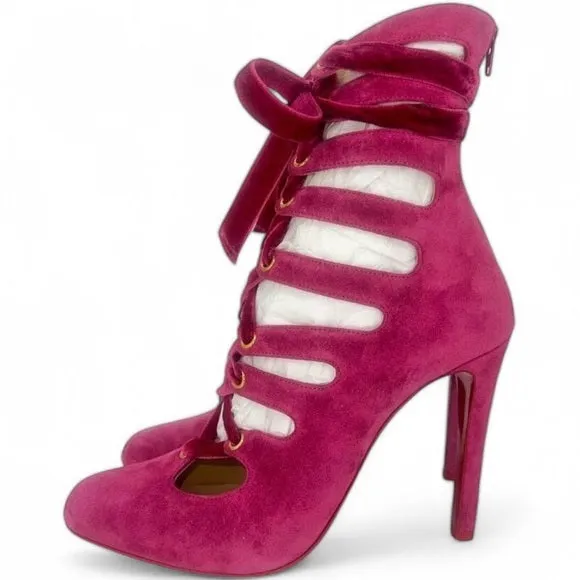 CHRISTIAN LOUBOUTIN Spinetita Loulou Pink Lace-Up Booties Size EU36.5