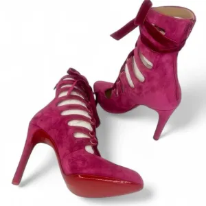 CHRISTIAN LOUBOUTIN Spinetita Loulou Pink Lace-Up Booties Size EU36.5