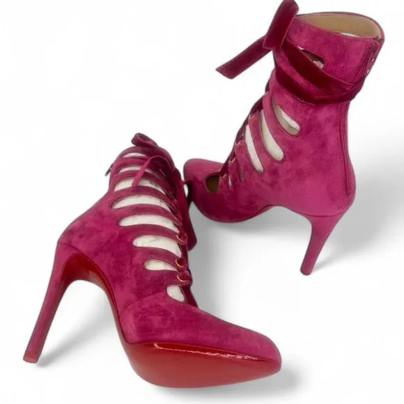 CHRISTIAN LOUBOUTIN Spinetita Loulou Pink Lace-Up Booties Size EU36.5