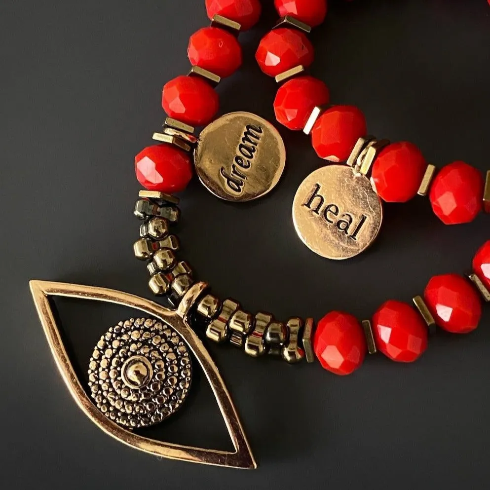 Christmas Energy Evil Eye & Heal Charm Red Double Wrap Bracelet