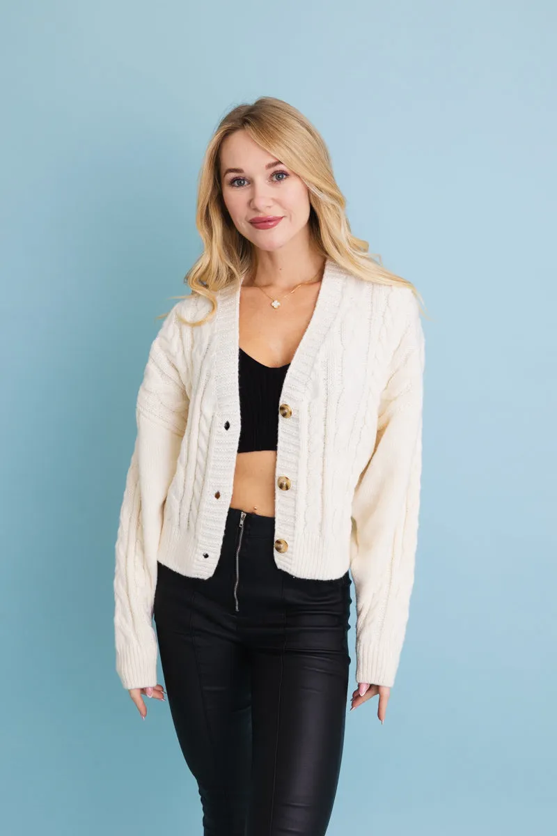 Chunky Cable Knit Button-Up Cropped Cardigan (4 colors)