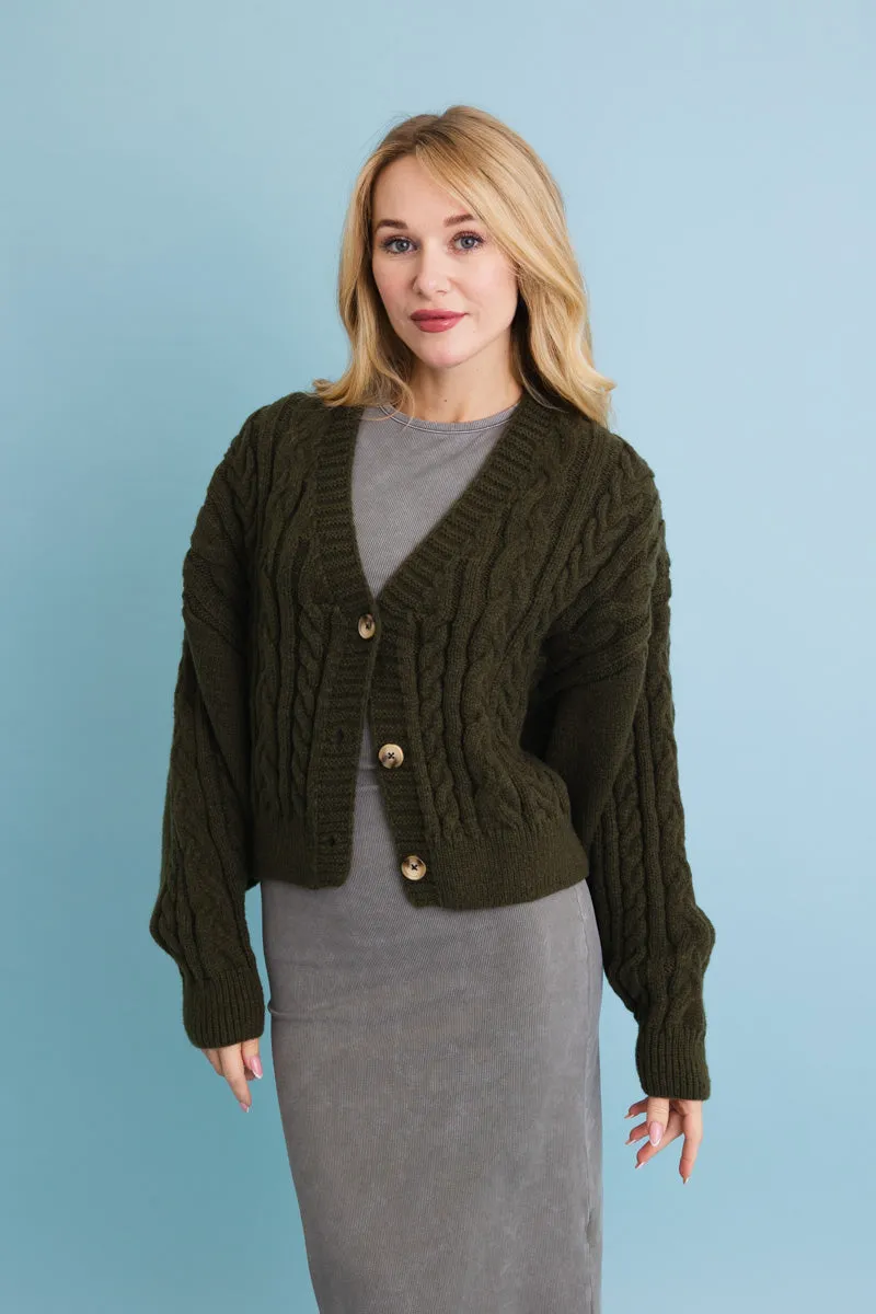 Chunky Cable Knit Button-Up Cropped Cardigan (4 colors)
