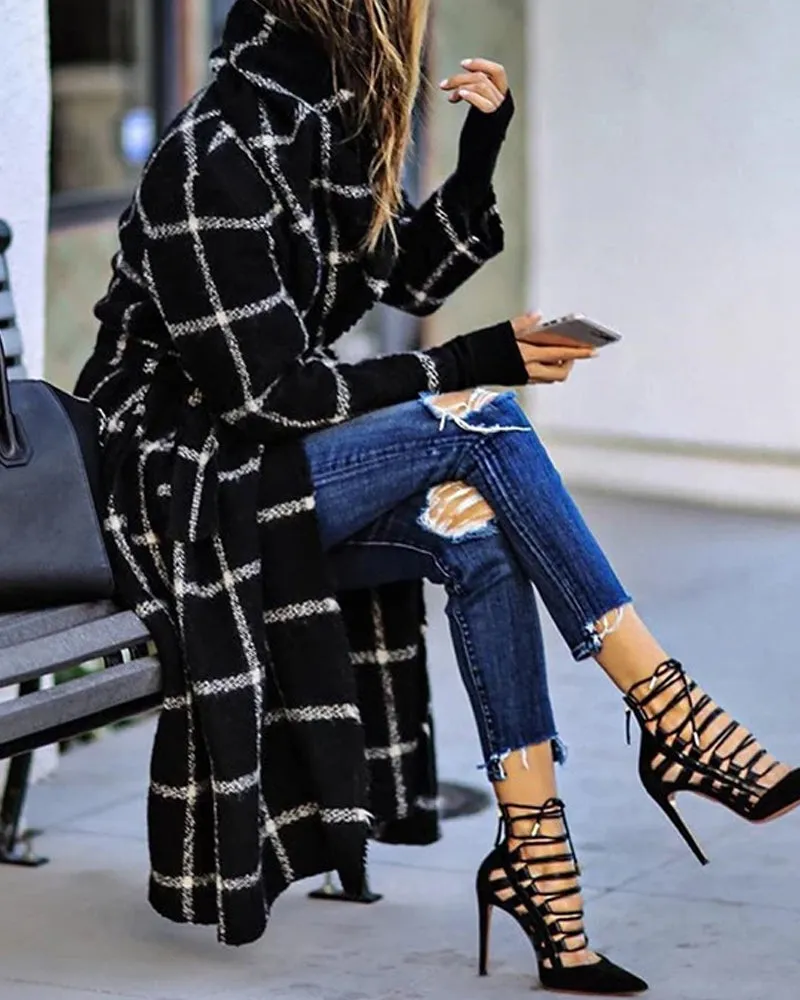 Classic Grid Plaid Hooded Cardigan Strappy Coat Outerwear