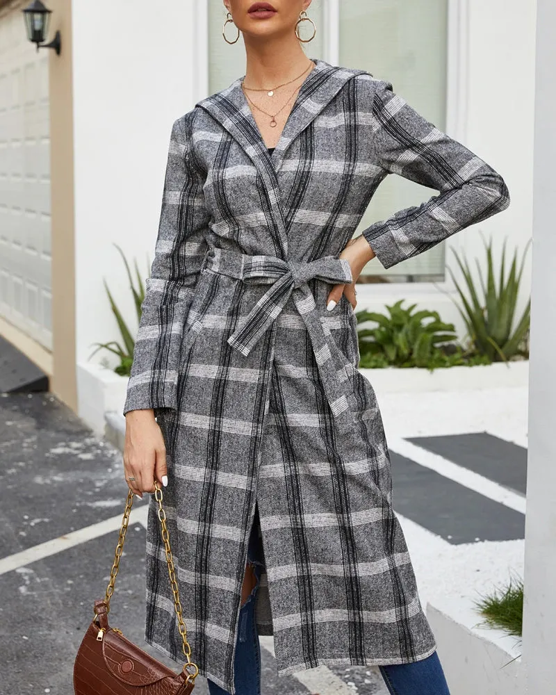 Classic Grid Plaid Hooded Cardigan Strappy Coat Outerwear