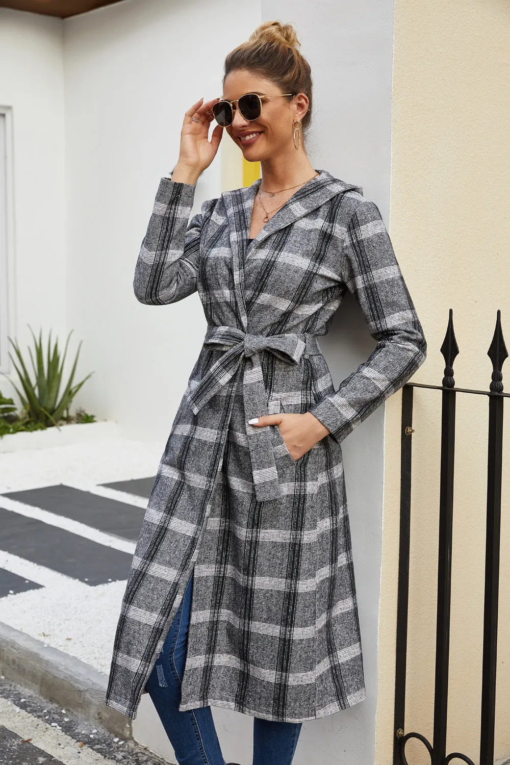 Classic Grid Plaid Hooded Cardigan Strappy Coat Outerwear