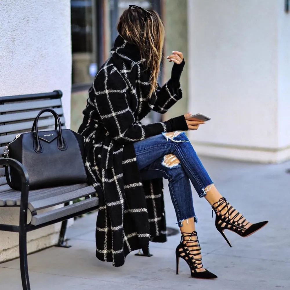 Classic Grid Plaid Hooded Cardigan Strappy Coat Outerwear