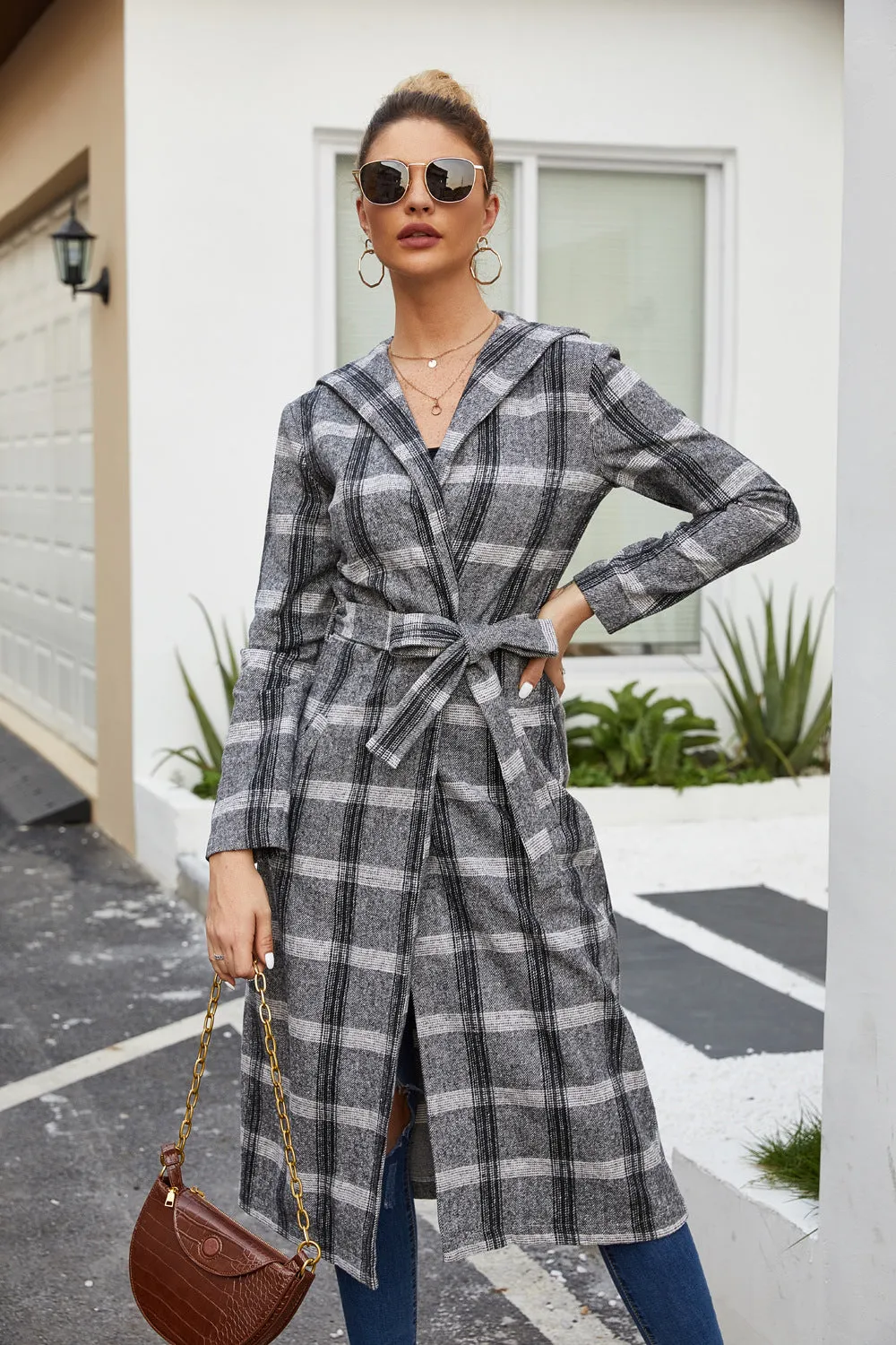 Classic Grid Plaid Hooded Cardigan Strappy Coat Outerwear