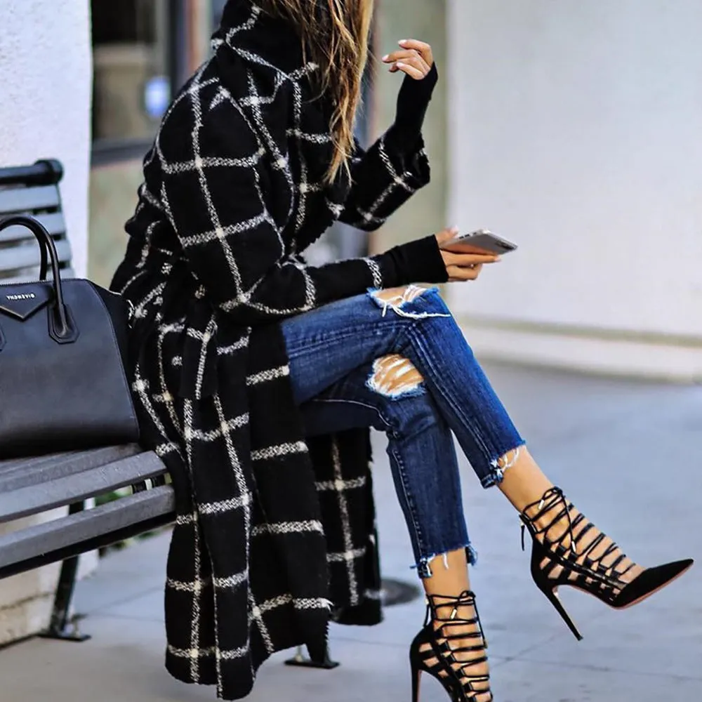 Classic Grid Plaid Hooded Cardigan Strappy Coat Outerwear