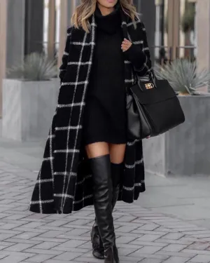 Classic Grid Plaid Hooded Cardigan Strappy Coat Outerwear
