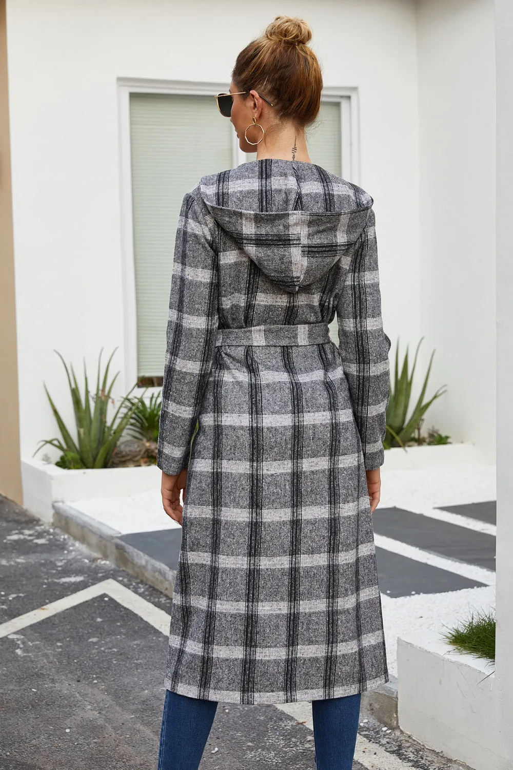 Classic Grid Plaid Hooded Cardigan Strappy Coat Outerwear