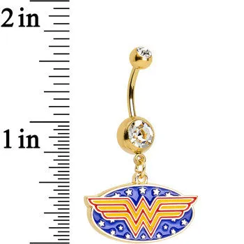 Clear Gem Gold Plated Licensed Wonder Woman Logo Dangle Belly Ring