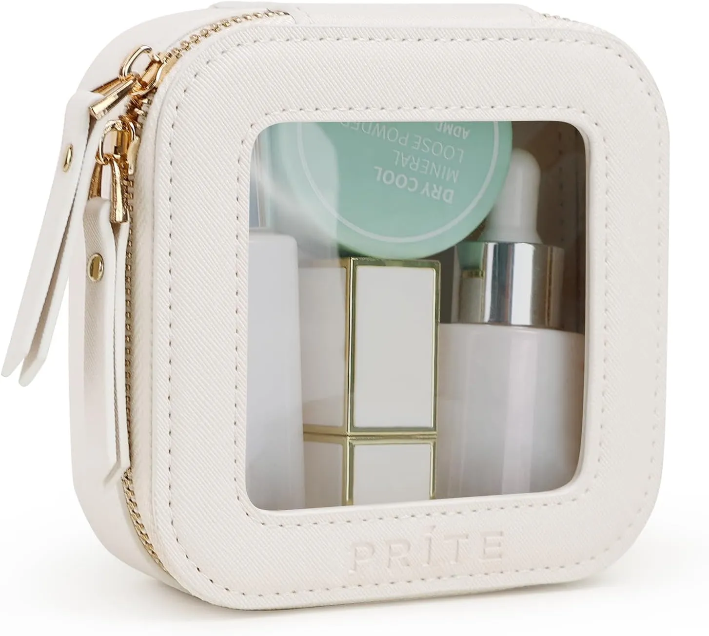 Clear Makeup Bag Cosmetic Organizer Case Waterproof Travel Toiletry Bag Skincare Pouch with Golden Zipper(Beige)