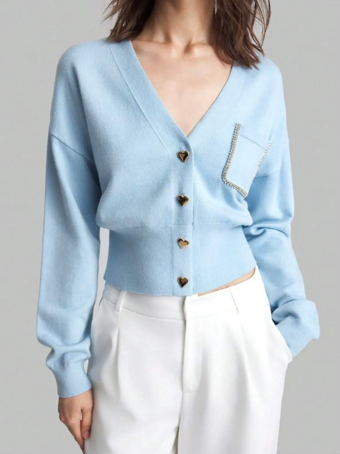 CM-CS192880 Women Casual Seoul Style Heart Shaped Button Front Cardigan - Blue