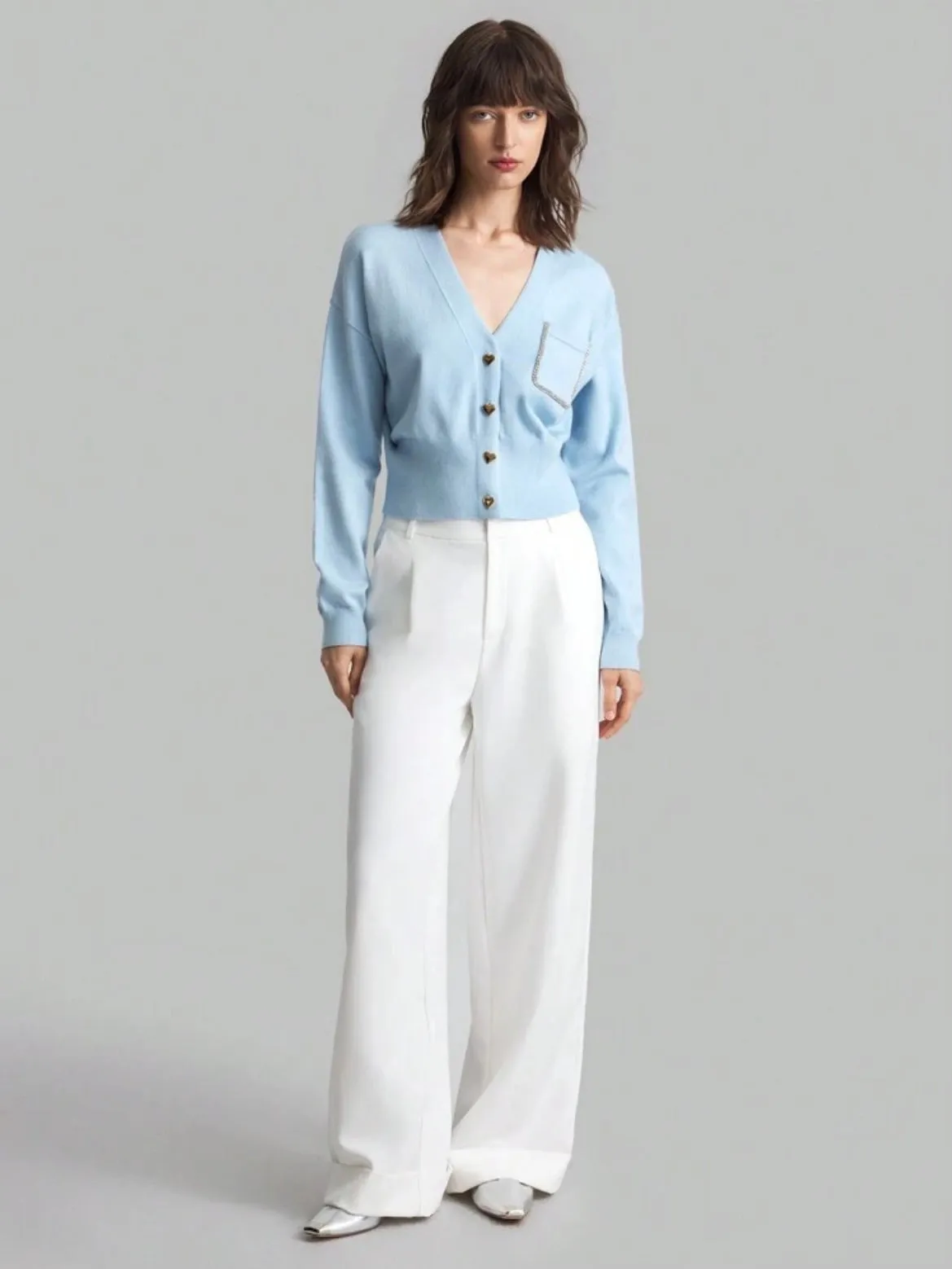 CM-CS192880 Women Casual Seoul Style Heart Shaped Button Front Cardigan - Blue