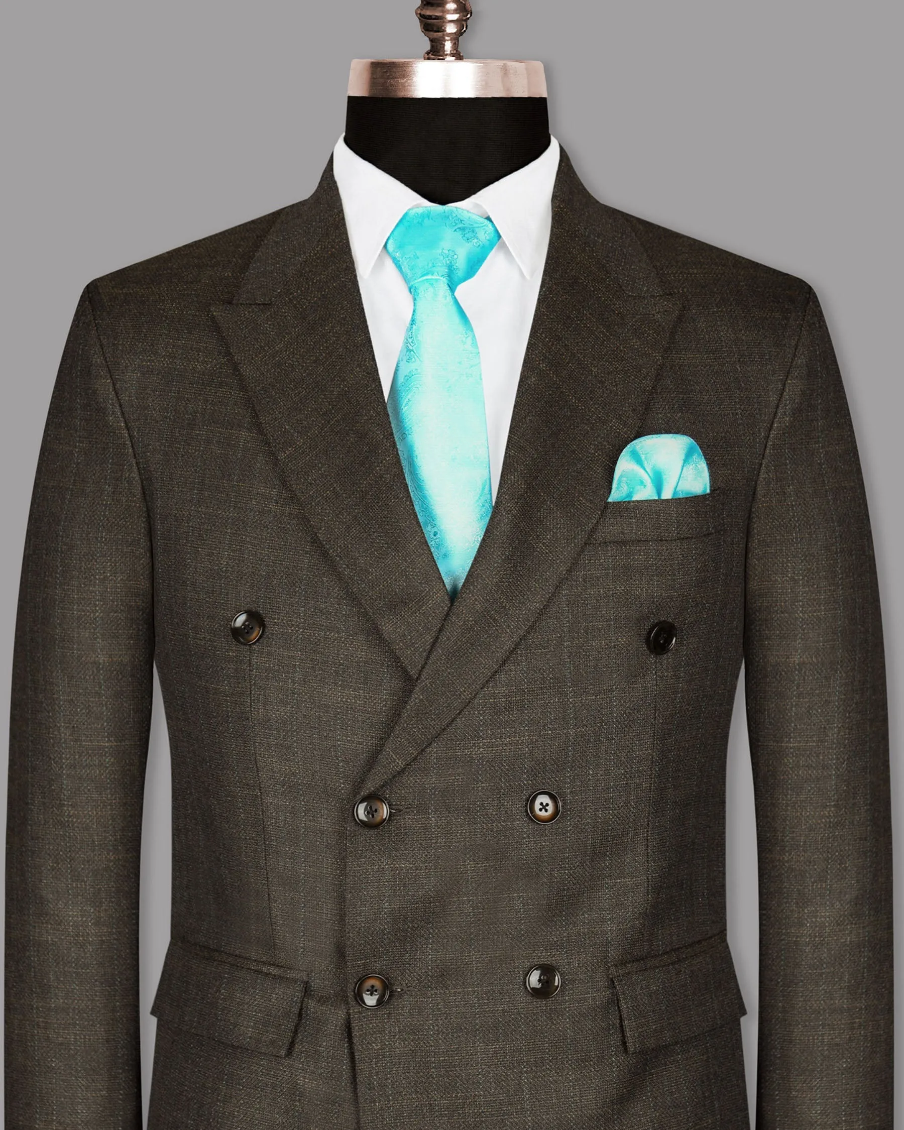 Coffee Subtle Slubbed Wool Rich Double Breasted Blazer