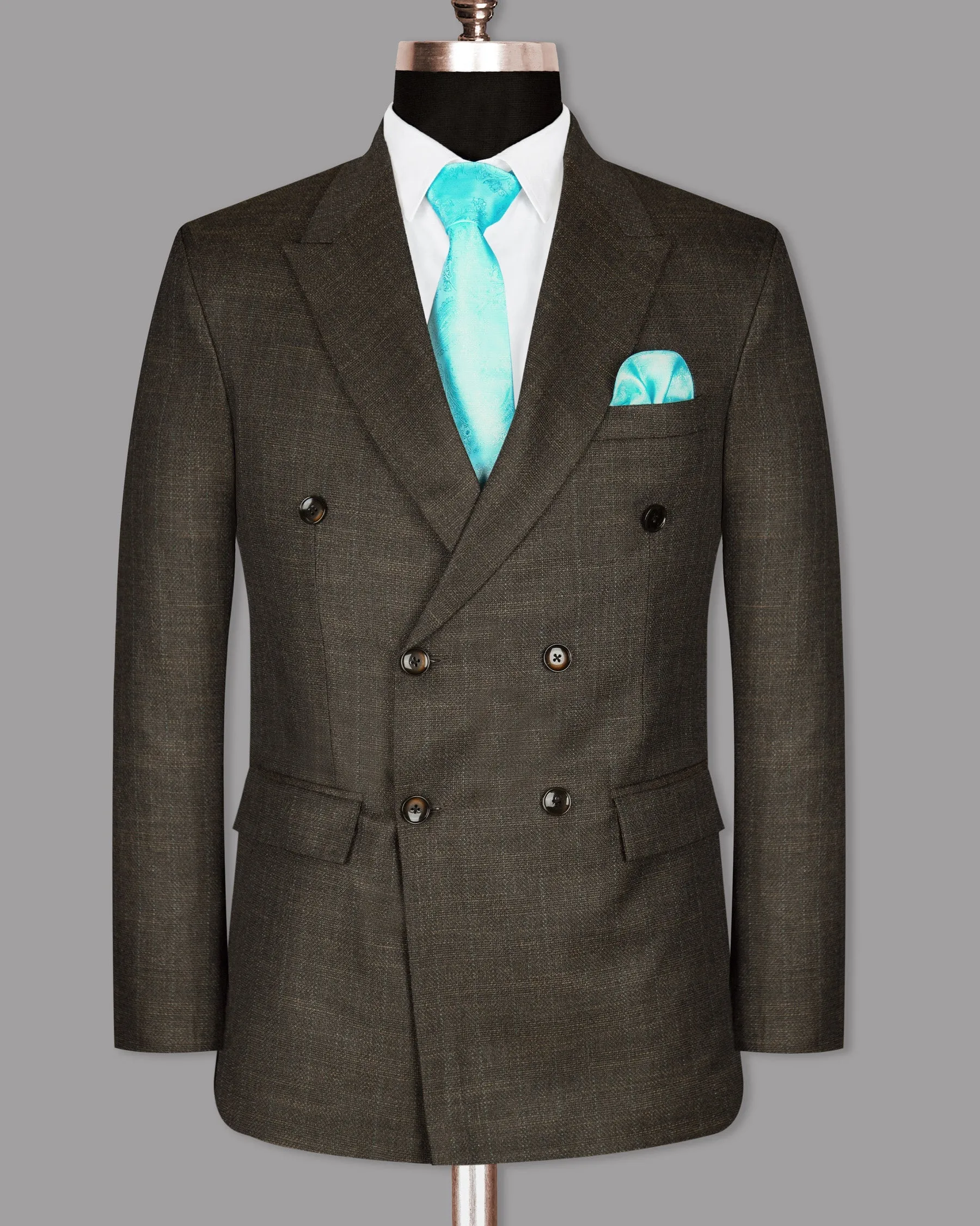 Coffee Subtle Slubbed Wool Rich Double Breasted Blazer
