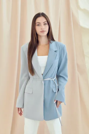 Color Block Belted Blazer in Light Blue/Dusty Blue