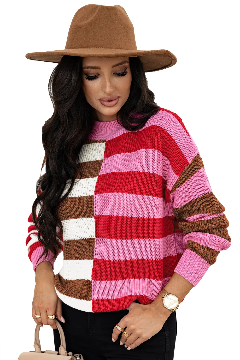 Color Block High Neck Loose Sweater