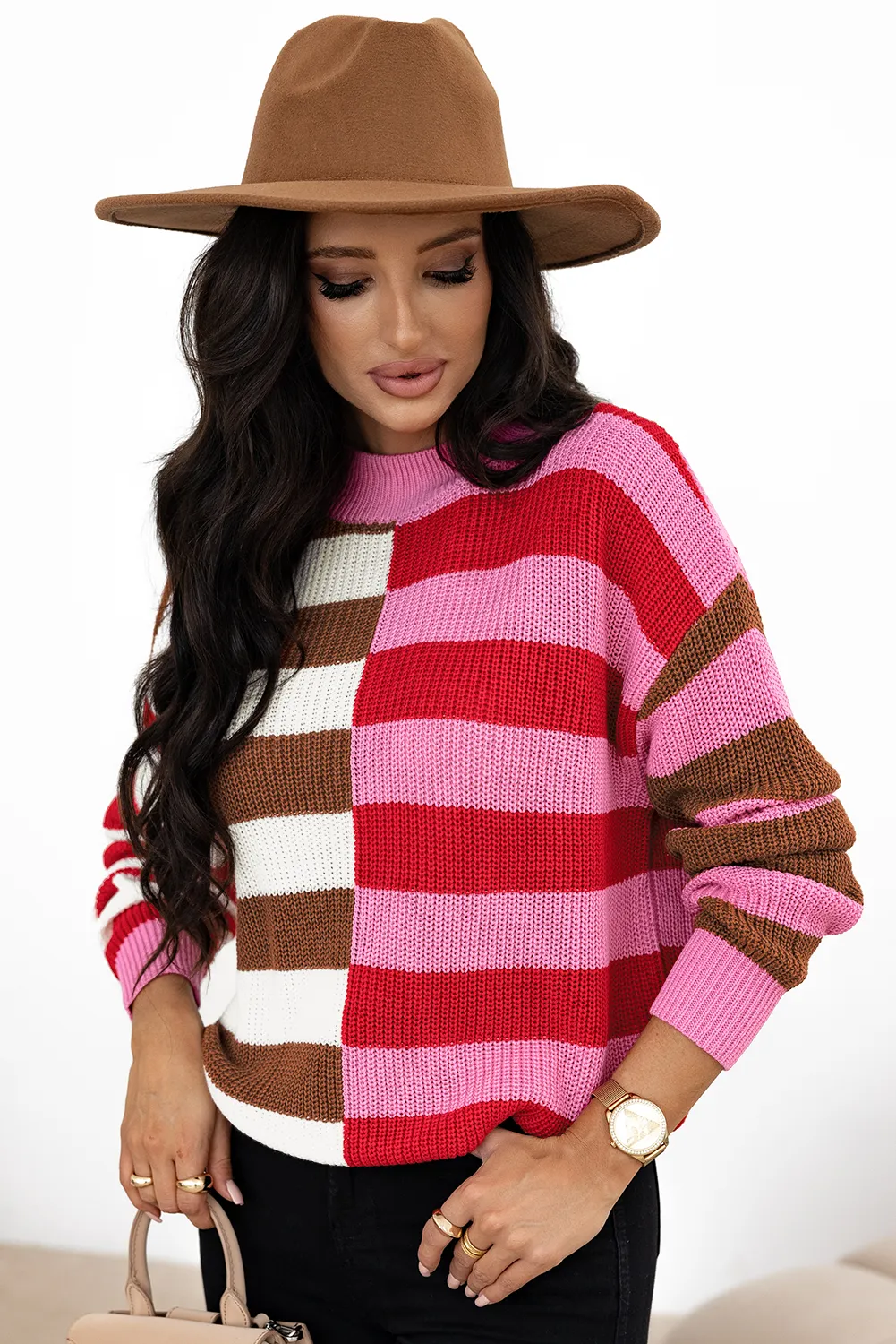 Color Block High Neck Loose Sweater