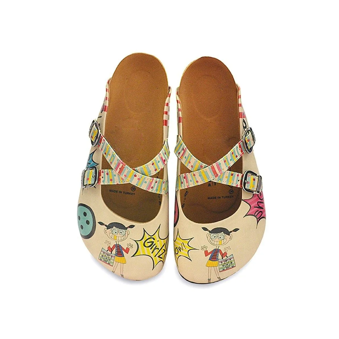 Colored Polkadot and Lines, Girlz and Wow Written Patterned Clogs - CAL118