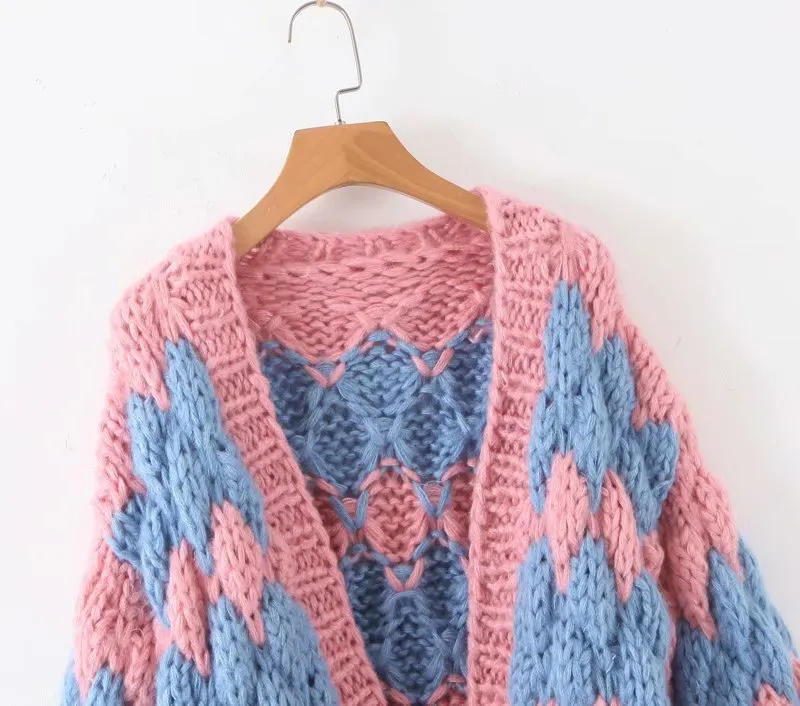 Contrast Lantern Sleeve Argyle Pattern Knit Cardigans
