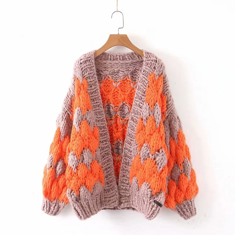 Contrast Lantern Sleeve Argyle Pattern Knit Cardigans