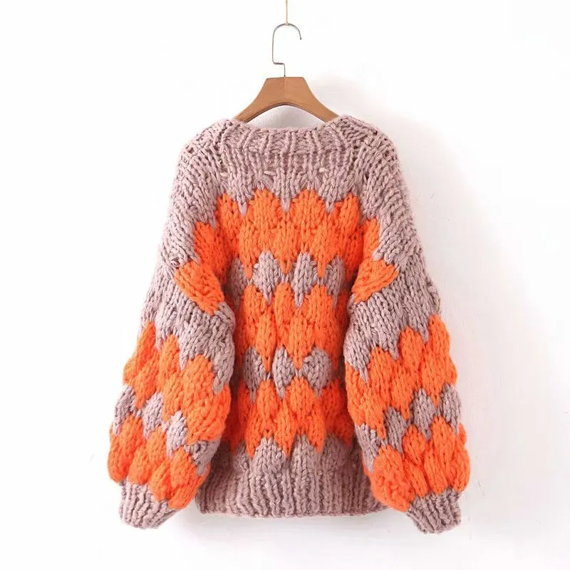 Contrast Lantern Sleeve Argyle Pattern Knit Cardigans