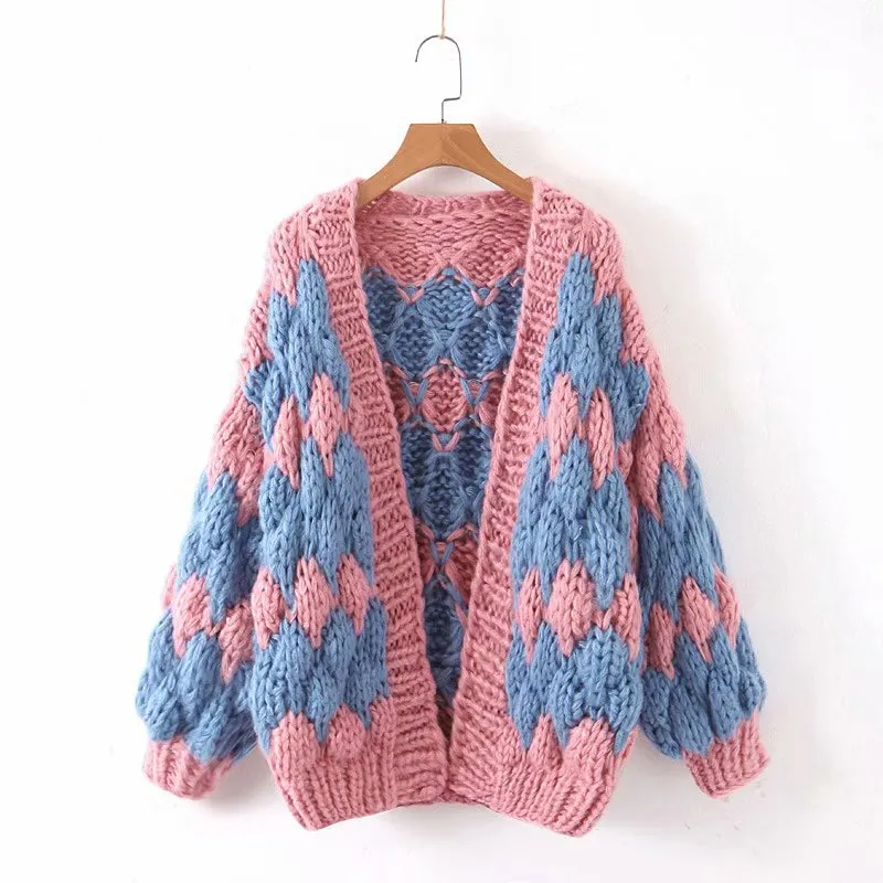 Contrast Lantern Sleeve Argyle Pattern Knit Cardigans