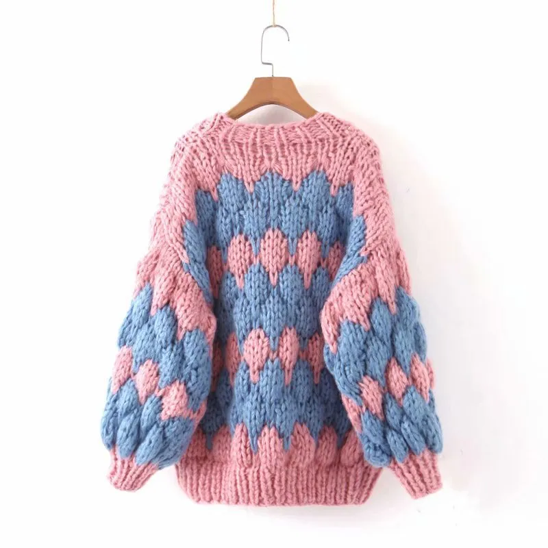 Contrast Lantern Sleeve Argyle Pattern Knit Cardigans