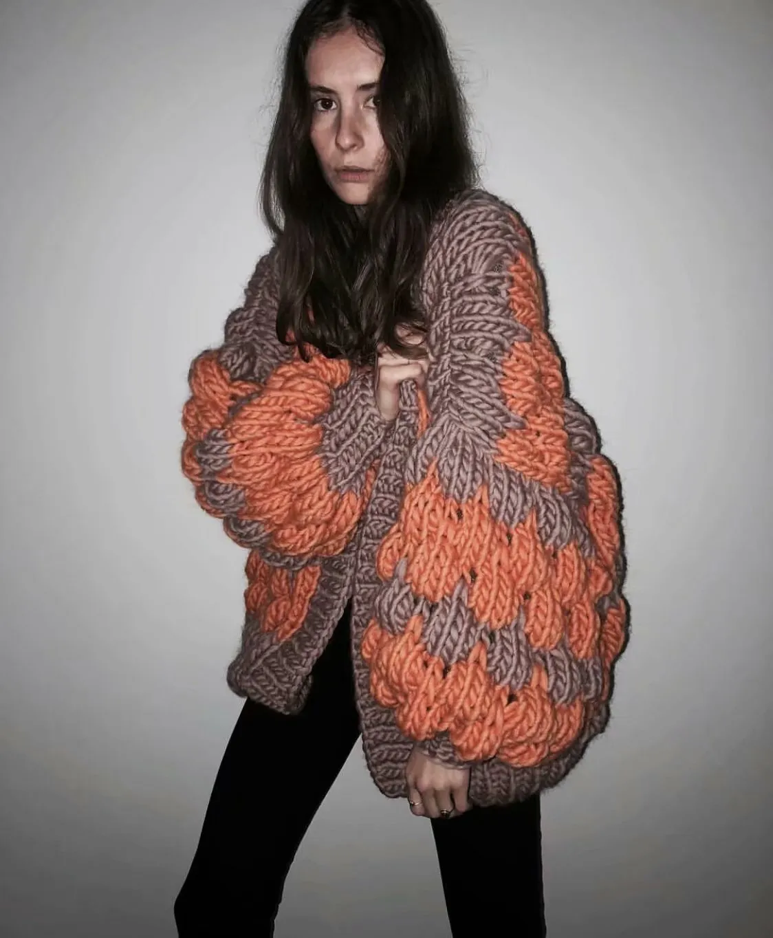 Contrast Lantern Sleeve Argyle Pattern Knit Cardigans