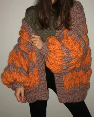 Contrast Lantern Sleeve Argyle Pattern Knit Cardigans