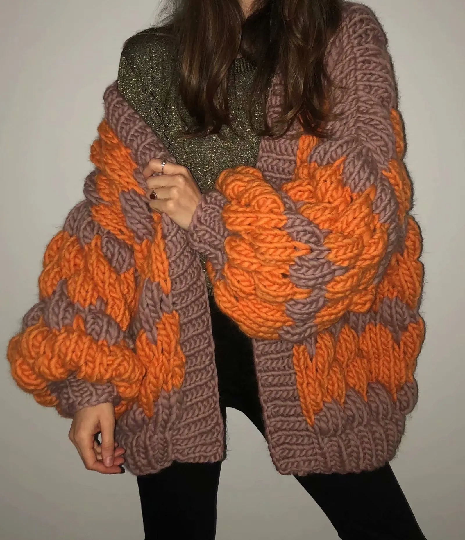 Contrast Lantern Sleeve Argyle Pattern Knit Cardigans