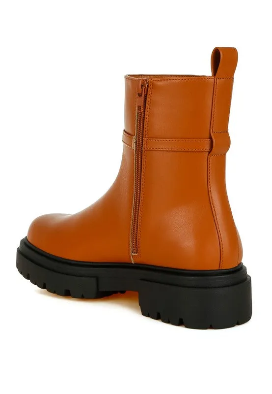 Corsac Buckle Belt Ankle Boots - Vegan Leather, Low Heel, Lug Sole