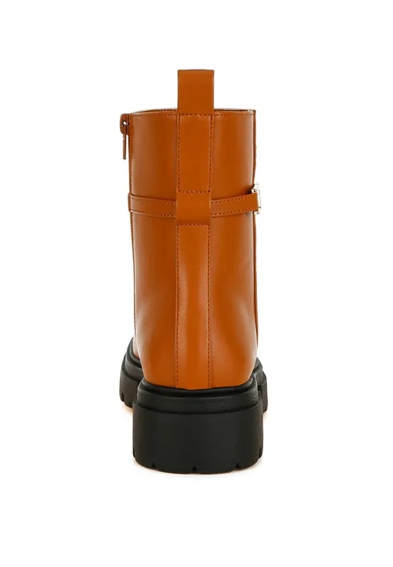 Corsac Buckle Belt Ankle Boots - Vegan Leather, Low Heel, Lug Sole