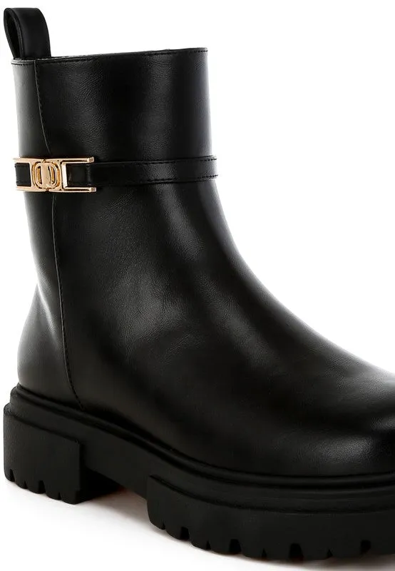 Corsac Buckle Belt Ankle Boots - Vegan Leather, Low Heel, Lug Sole