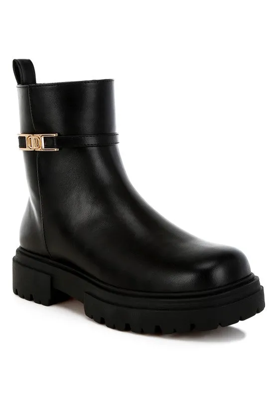 Corsac Buckle Belt Ankle Boots - Vegan Leather, Low Heel, Lug Sole