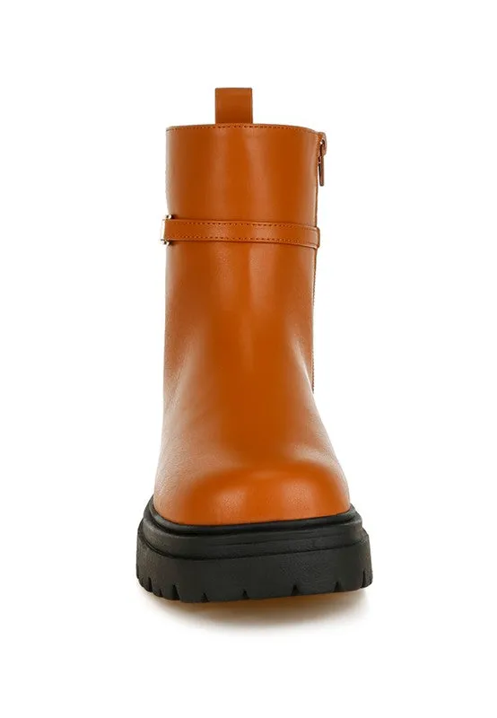 Corsac Buckle Belt Ankle Boots - Vegan Leather, Low Heel, Lug Sole