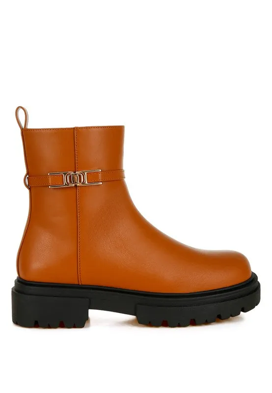 Corsac Buckle Belt Ankle Boots - Vegan Leather, Low Heel, Lug Sole