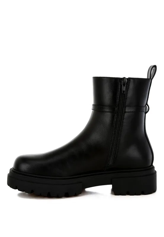 Corsac Buckle Belt Ankle Boots - Vegan Leather, Low Heel, Lug Sole