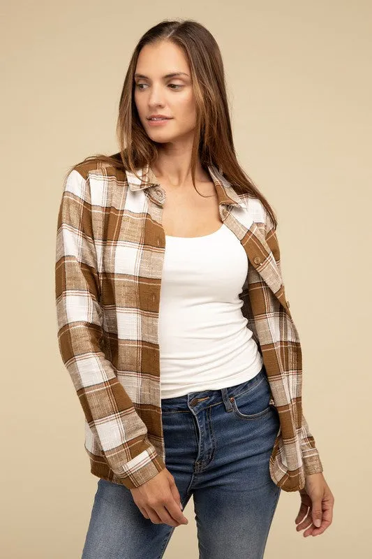 Cotton Plaid Shacket With Front Pocket