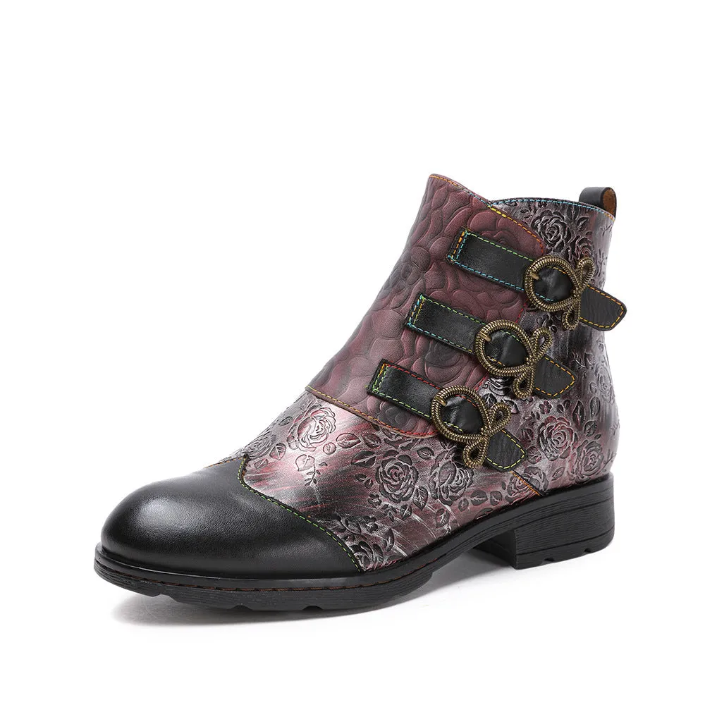 CrazycatZ Womens  Boots Bohemian Block Heels Leather Boots Colorful Leather Ankle Boots Black