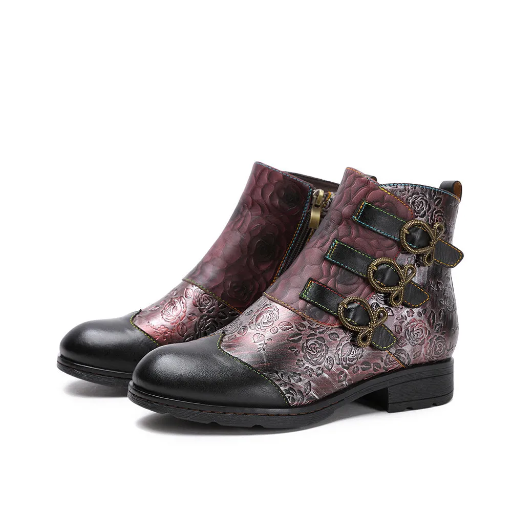 CrazycatZ Womens  Boots Bohemian Block Heels Leather Boots Colorful Leather Ankle Boots Black